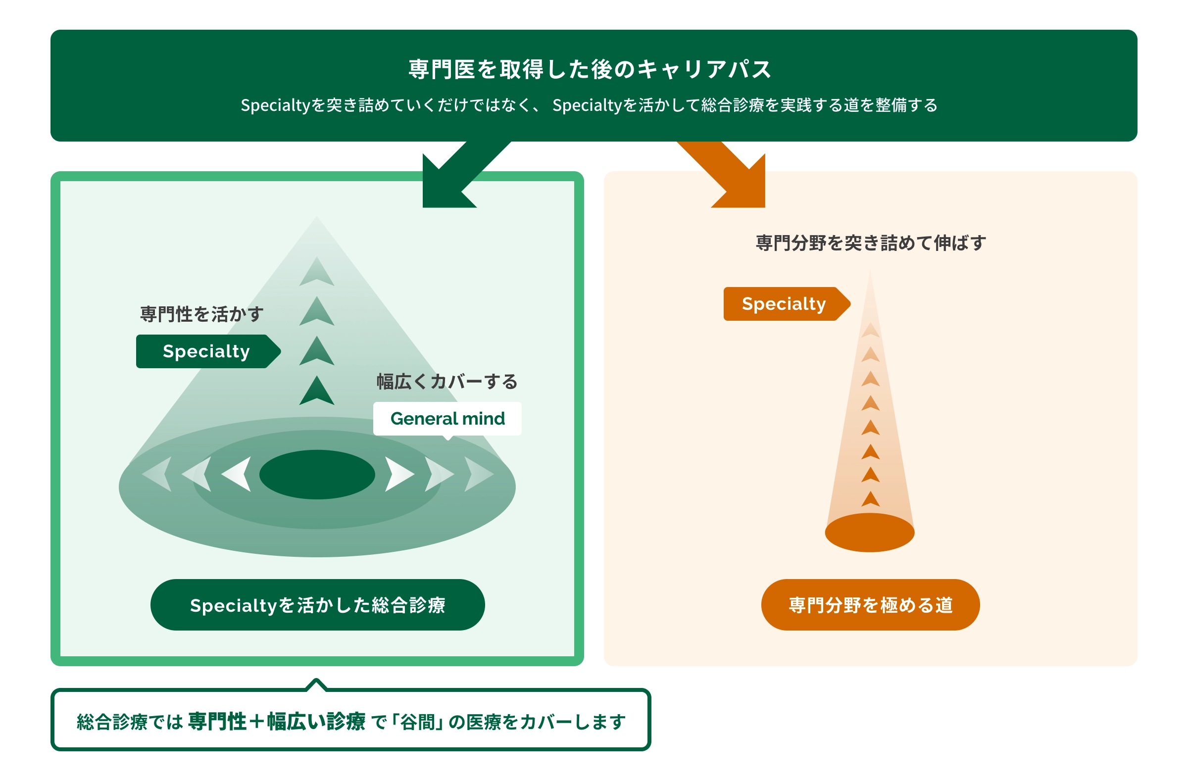 専門医を取得した後のキャリアパス Specialtyを突き詰めていくだけではなく、Specialtyを活かして総合診療を実践する道を整備する